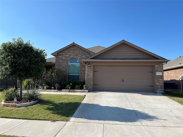 328 Foxhunter St, Fort Worth, TX 76131 - ranch-style home with an attached garage, concrete driveway, brick siding, a front lawn, and central AC