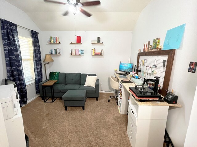328 Foxhunter St, Fort Worth, TX 76131 - office area with a ceiling fan, vaulted ceiling, and light colored carpet