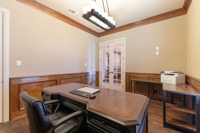 1235 Meredith Creek Ln, Fort Worth, TX 76179 - home office with french doors, ornamental molding, dark wood finished floors, and wainscoting