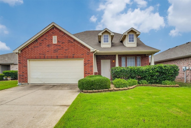 5132 Senator Dr, Fort Worth, TX 76244 - view of front facade featuring brick siding, a front yard, an attached garage, concrete driveway, and roof with shingles