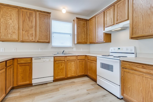 5132 Senator Dr, Fort Worth, TX 76244 - kitchen with white appliances, under cabinet range hood, a sink, light wood-style flooring, and light countertops
