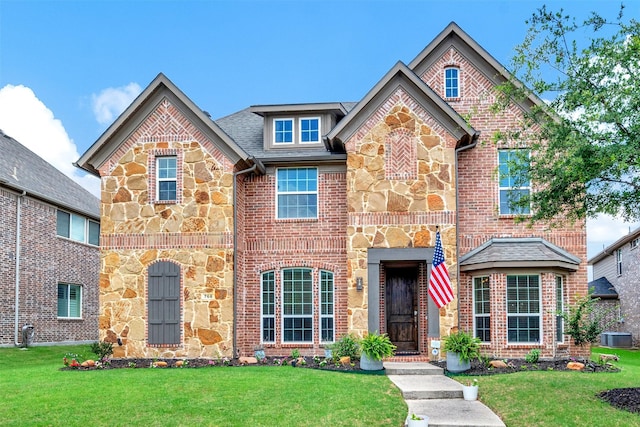768 Telemark Trl, Frisco, TX 75036 - view of front of property with stone siding, a front lawn, brick siding, and central air condition unit