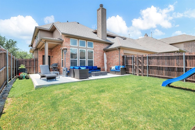 768 Telemark Trl, Frisco, TX 75036 - rear view of property featuring outdoor lounge area, brick siding, a patio, a chimney, and a shingled roof