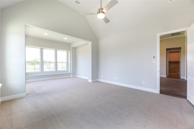 2207 Morris St, Rockwall, TX 75087 - spare room featuring carpet floors, ceiling fan, vaulted ceiling, baseboards, and recessed lighting