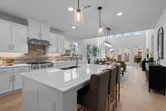 929 Lady Tessala Ave, Lewisville, TX 75056 - kitchen featuring under cabinet range hood, a sink, decorative backsplash, a center island with sink, and light stone countertops