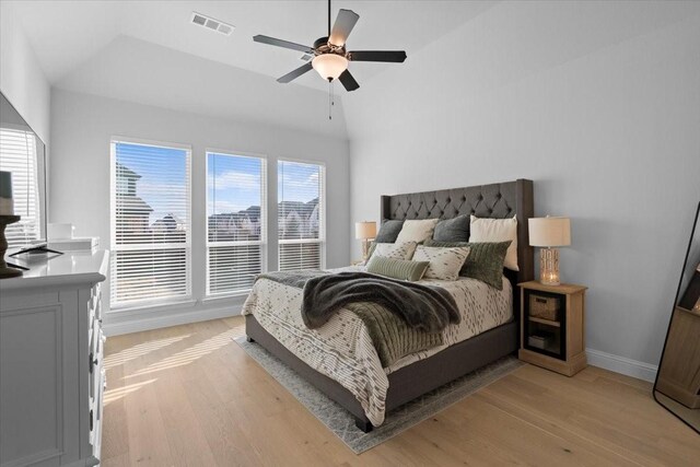 929 Lady Tessala Ave, Lewisville, TX 75056 - bedroom featuring light wood finished floors, baseboards, a ceiling fan, and lofted ceiling