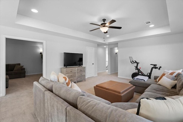 929 Lady Tessala Ave, Lewisville, TX 75056 - living area with a raised ceiling, light colored carpet, ceiling fan, recessed lighting, and baseboards