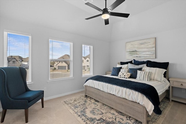 929 Lady Tessala Ave, Lewisville, TX 75056 - bedroom featuring light colored carpet, baseboards, ceiling fan, and high vaulted ceiling