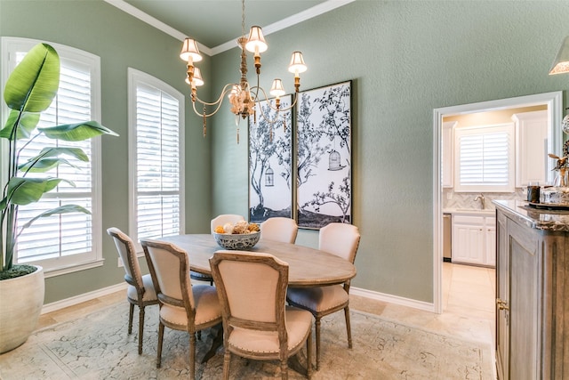 6305 Crested Butte Dr, Dallas, TX 75252 - dining area featuring a chandelier, crown molding, baseboards, and a textured wall