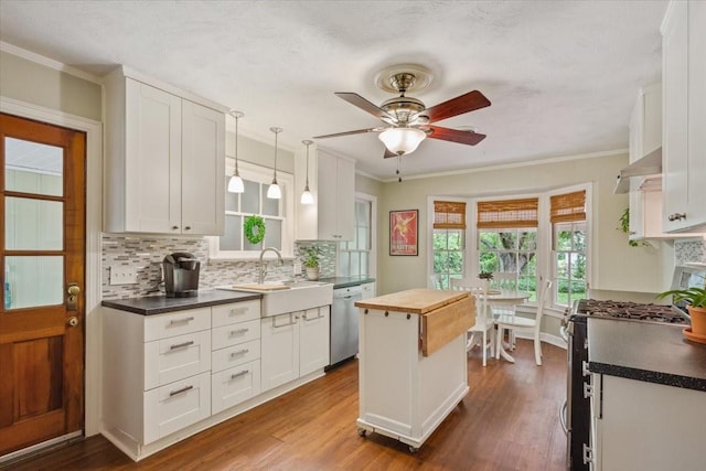 3808 Huaco Ln, Waco, TX 76710 - kitchen with stainless steel appliances, a sink, a ceiling fan, white cabinets, and crown molding