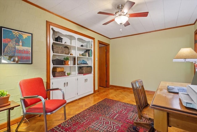 3808 Huaco Ln, Waco, TX 76710 - office space featuring crown molding, ceiling fan, and baseboards