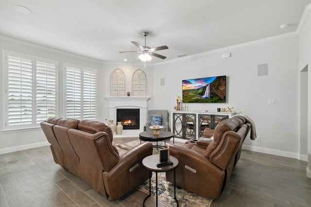 15236 Holly Bay Ct, Aledo, TX 76008 - living area with ceiling fan, a glass covered fireplace, wood finished floors, and ornamental molding