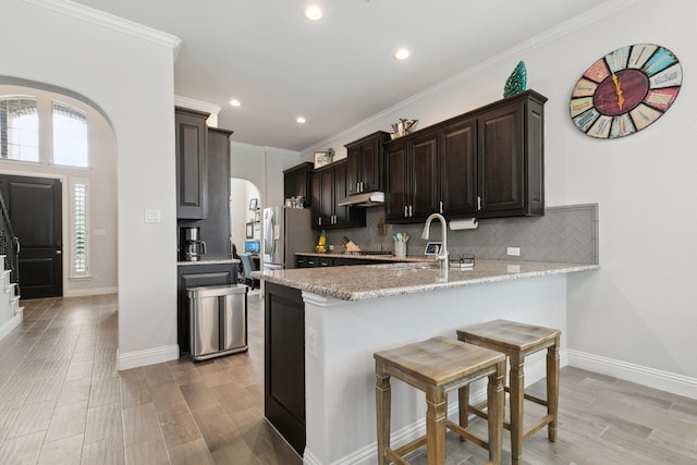 15236 Holly Bay Ct, Aledo, TX 76008 - kitchen with arched walkways, a peninsula, tasteful backsplash, dark brown cabinets, and light wood finished floors