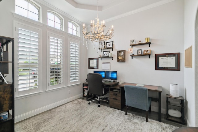 15236 Holly Bay Ct, Aledo, TX 76008 - office area featuring wood finished floors, a chandelier, crown molding, and a tray ceiling