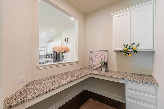 2923 Ash Ave, Melissa, TX 75454 - mudroom with dark wood finished floors, built in study area, lofted ceiling, and recessed lighting