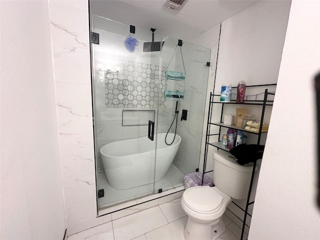 2517 Blanton St, Dallas, TX 75227 - full bathroom featuring toilet, a stall shower, tile patterned flooring, and a freestanding tub