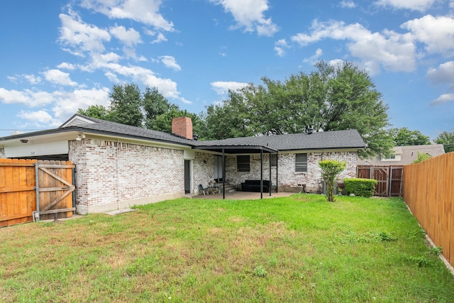 2517 Blanton St, Dallas, TX 75227 - back of property with a patio area, a chimney, brick siding, and a gate