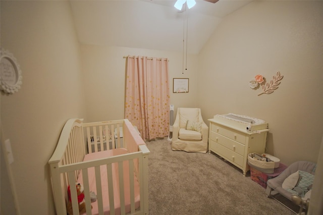 618 Matador Dr, Oak Point, TX 75068 - bedroom with lofted ceiling, carpet floors, a nursery area, and a ceiling fan