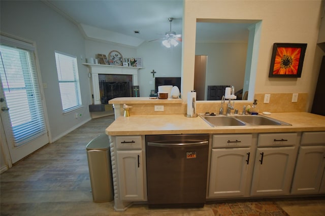 618 Matador Dr, Oak Point, TX 75068 - kitchen featuring stainless steel dishwasher, a sink, ceiling fan, ornamental molding, and open floor plan