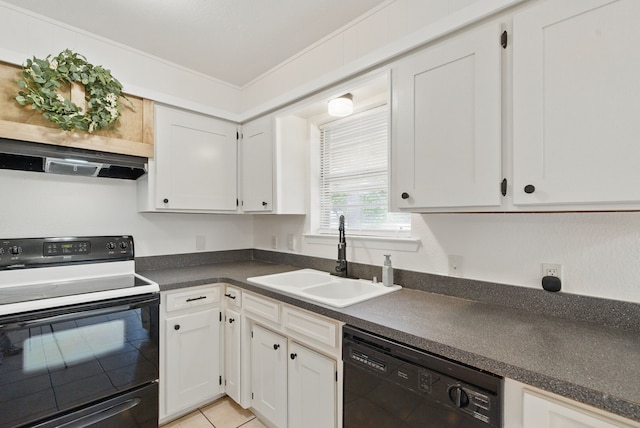 805 S Rusk St, Weatherford, TX 76086 - kitchen featuring electric range oven, black dishwasher, a sink, dark countertops, and white cabinetry