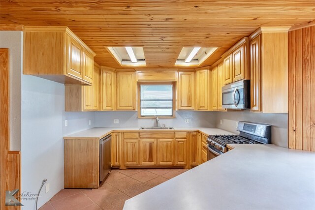 3017 County Road 154, Tuscola, TX 79562 - kitchen with stainless steel appliances, wood ceiling, a sink, light brown cabinetry, and light tile patterned floors