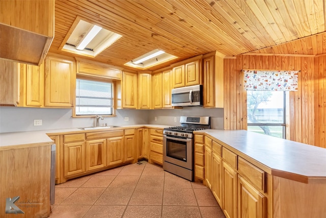3017 County Road 154, Tuscola, TX 79562 - kitchen with stainless steel appliances, a sink, wooden ceiling, a peninsula, and light countertops