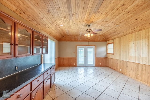 3017 County Road 154, Tuscola, TX 79562 - spare room with wood ceiling, french doors, wood walls, a wainscoted wall, and a ceiling fan