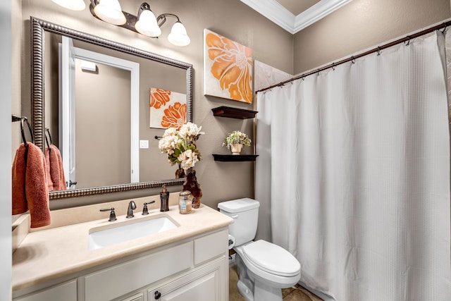 7363 Calla Lilly Ln, Frisco, TX 75034 - bathroom with ornamental molding, toilet, vanity, a textured wall, and a shower with curtain