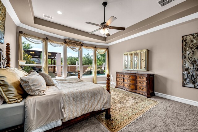 7363 Calla Lilly Ln, Frisco, TX 75034 - bedroom with a raised ceiling, carpet, baseboards, crown molding, and ceiling fan