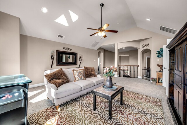 7363 Calla Lilly Ln, Frisco, TX 75034 - living room featuring carpet, lofted ceiling, ceiling fan, recessed lighting, and a skylight