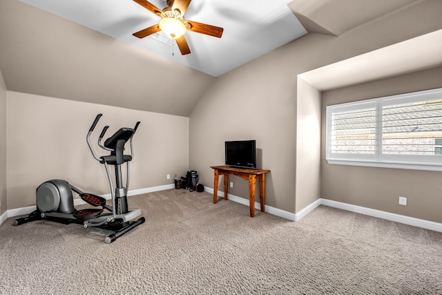 7363 Calla Lilly Ln, Frisco, TX 75034 - exercise area featuring a ceiling fan, carpet, lofted ceiling, and baseboards