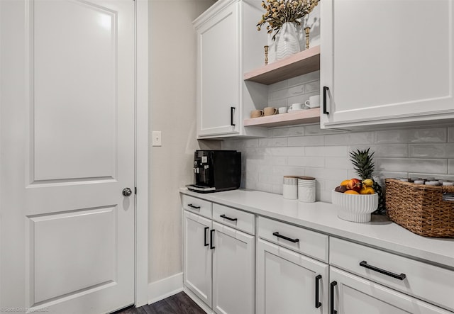 752 Fletcher Dr, Fate, TX 75087 - kitchen featuring open shelves, backsplash, white cabinetry, and light countertops
