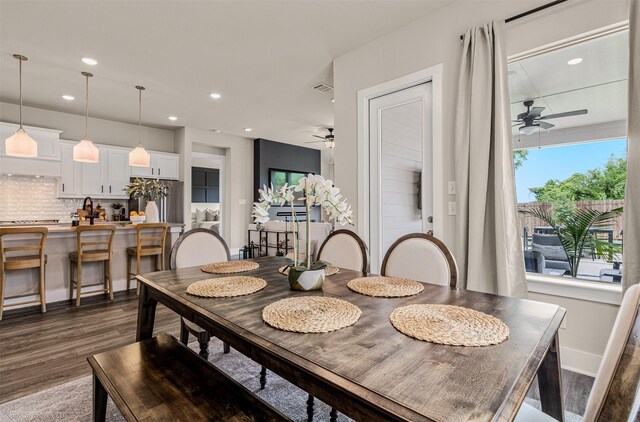 752 Fletcher Dr, Fate, TX 75087 - dining space featuring ceiling fan, dark wood-style floors, and recessed lighting