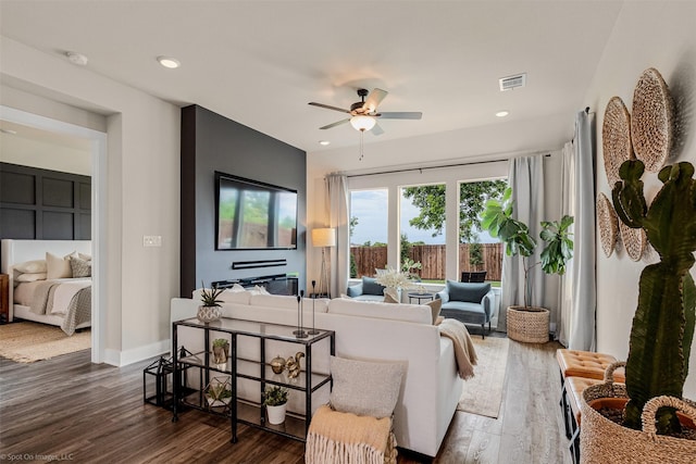 752 Fletcher Dr, Fate, TX 75087 - living area featuring a ceiling fan, dark wood finished floors, baseboards, and recessed lighting