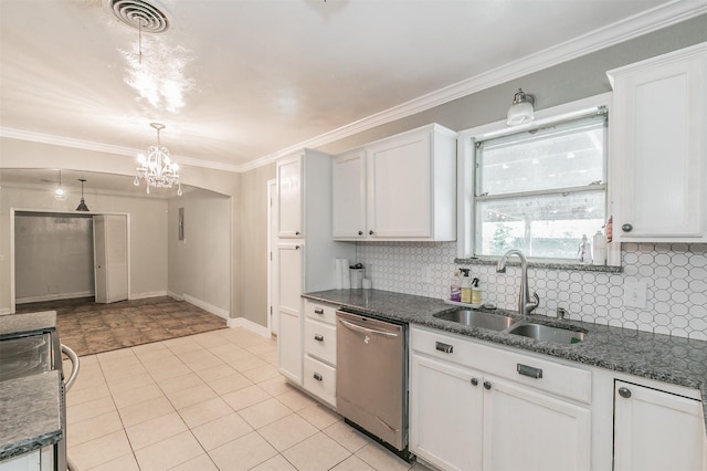 133 SE Newton Dr, Burleson, TX 76028 - kitchen featuring stainless steel dishwasher, a sink, decorative backsplash, white cabinets, and a chandelier