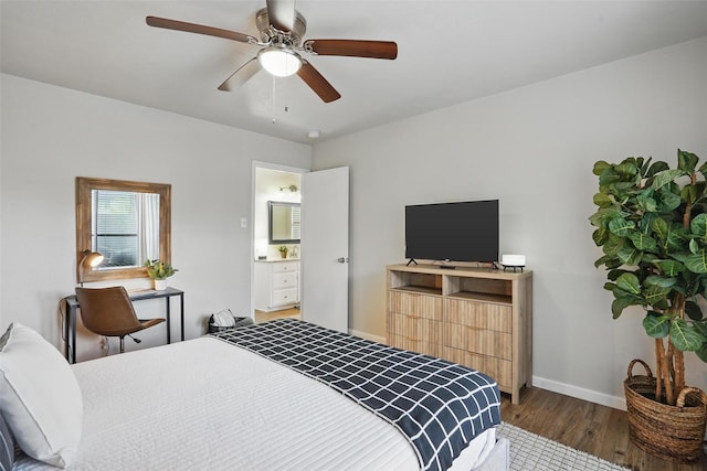 105 Yorkshire Ct, Euless, TX 76040 - bedroom featuring wood finished floors, baseboards, a ceiling fan, and ensuite bathroom