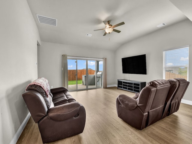 9100 Cacti Ct, Fort Worth, TX 76036 - living area featuring ceiling fan, wood finished floors, baseboards, and lofted ceiling