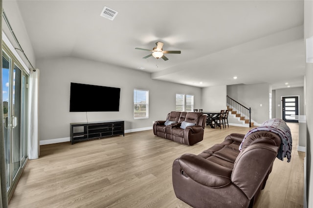 9100 Cacti Ct, Fort Worth, TX 76036 - living room with light wood-style flooring, baseboards, ceiling fan, recessed lighting, and stairs