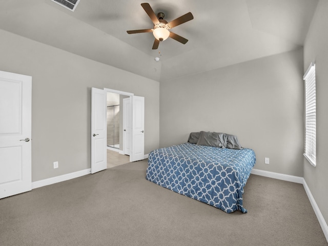 9100 Cacti Ct, Fort Worth, TX 76036 - carpeted bedroom featuring baseboards, ensuite bath, a ceiling fan, and vaulted ceiling