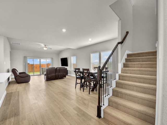 9100 Cacti Ct, Fort Worth, TX 76036 - dining area with stairway, light wood-type flooring, ceiling fan, baseboards, and recessed lighting