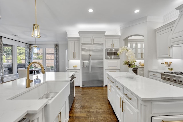 7209 Braemar Ter, Colleyville, TX 76034 - kitchen with built in appliances, ornamental molding, recessed lighting, pendant lighting, and a sink