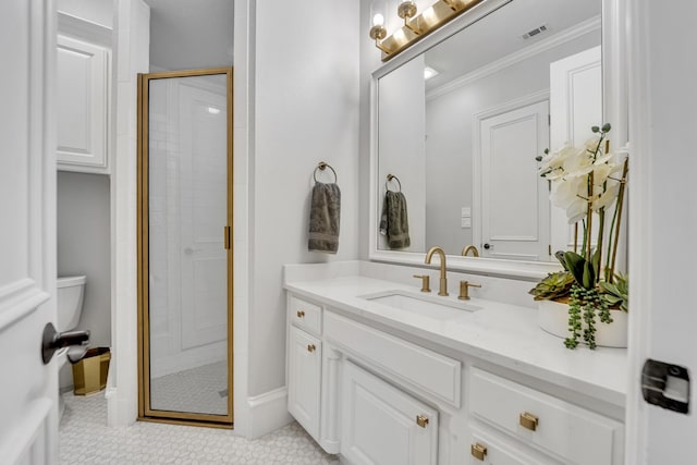 7209 Braemar Ter, Colleyville, TX 76034 - full bathroom with vanity, a stall shower, crown molding, and baseboards
