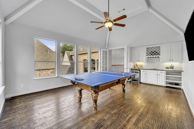 7209 Braemar Ter, Colleyville, TX 76034 - recreation room with bar with sink, wine cooler, a ceiling fan, high vaulted ceiling, and beam ceiling