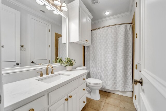 7209 Braemar Ter, Colleyville, TX 76034 - full bathroom featuring vanity, toilet, tile patterned floors, and ornamental molding