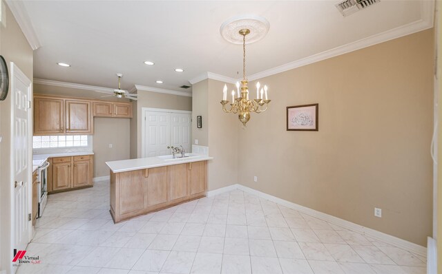 3635 Greenacres Place Dr Unit 350, Bossier City, LA 71111 - kitchen with a peninsula, light countertops, ceiling fan, crown molding, and a sink
