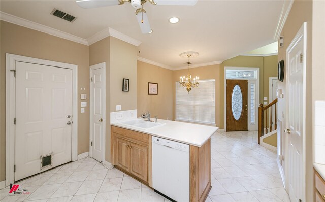 3635 Greenacres Place Dr Unit 350, Bossier City, LA 71111 - kitchen featuring white dishwasher, a sink, a peninsula, a chandelier, and crown molding