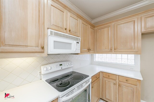 3635 Greenacres Place Dr Unit 350, Bossier City, LA 71111 - kitchen with white appliances, light brown cabinets, decorative backsplash, light countertops, and crown molding