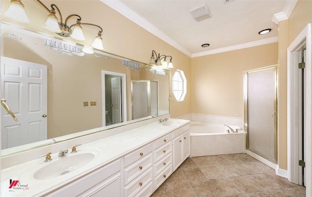 3635 Greenacres Place Dr Unit 350, Bossier City, LA 71111 - bathroom featuring a garden tub, a shower stall, double vanity, and crown molding
