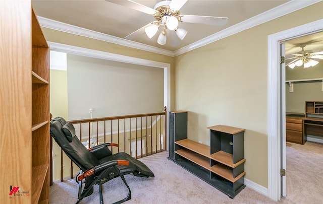 3635 Greenacres Place Dr Unit 350, Bossier City, LA 71111 - living area with carpet flooring, a ceiling fan, crown molding, and baseboards