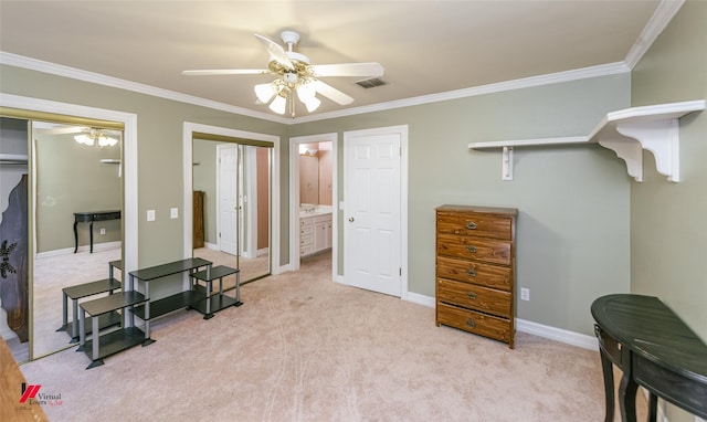 3635 Greenacres Place Dr Unit 350, Bossier City, LA 71111 - bedroom featuring ornamental molding, two closets, light carpet, baseboards, and a ceiling fan